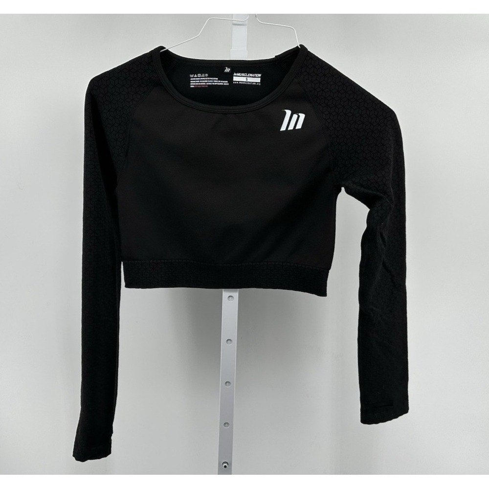 Muscle Nation Women's Long Sleeve Cropped Top w/ Thumb Holes Black Size S